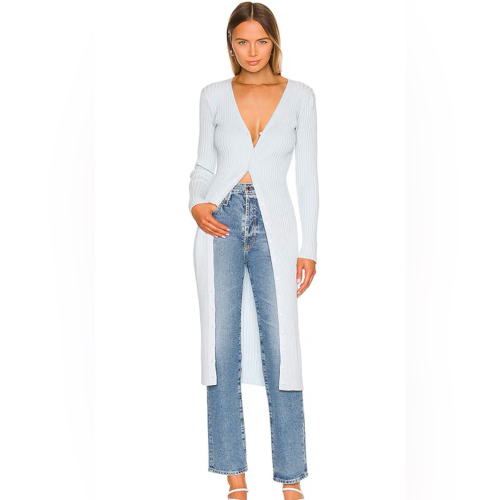 525 America Long Ribbed Open-Front Cardigan in Light Blue